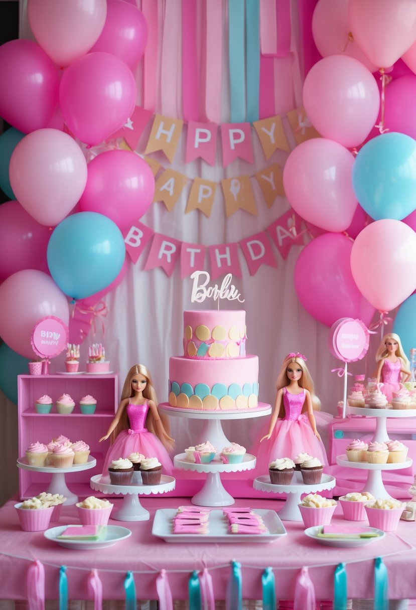 A decorated birthday party table with pink balloons, cupcakes, Barbie doll figurines, and festive decorations.