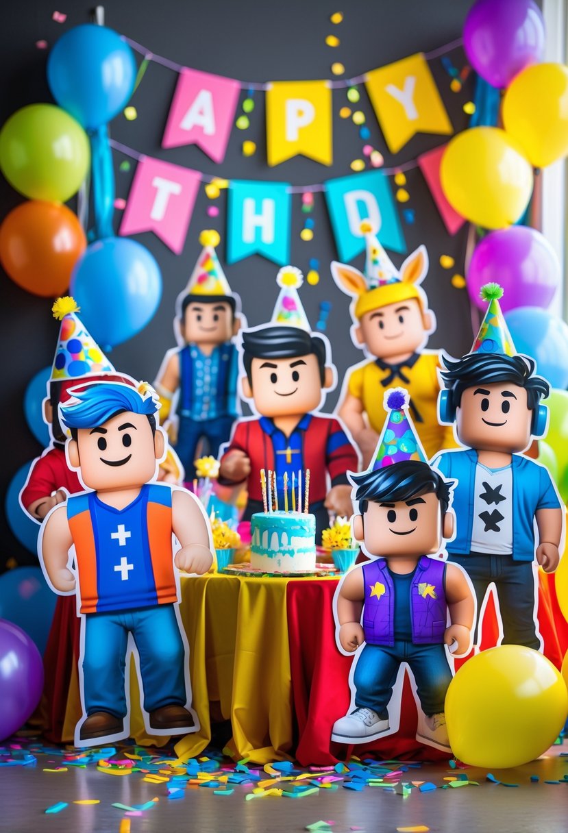 A birthday party setup with Roblox avatar cutout decorations, balloons, streamers, and festive table settings.