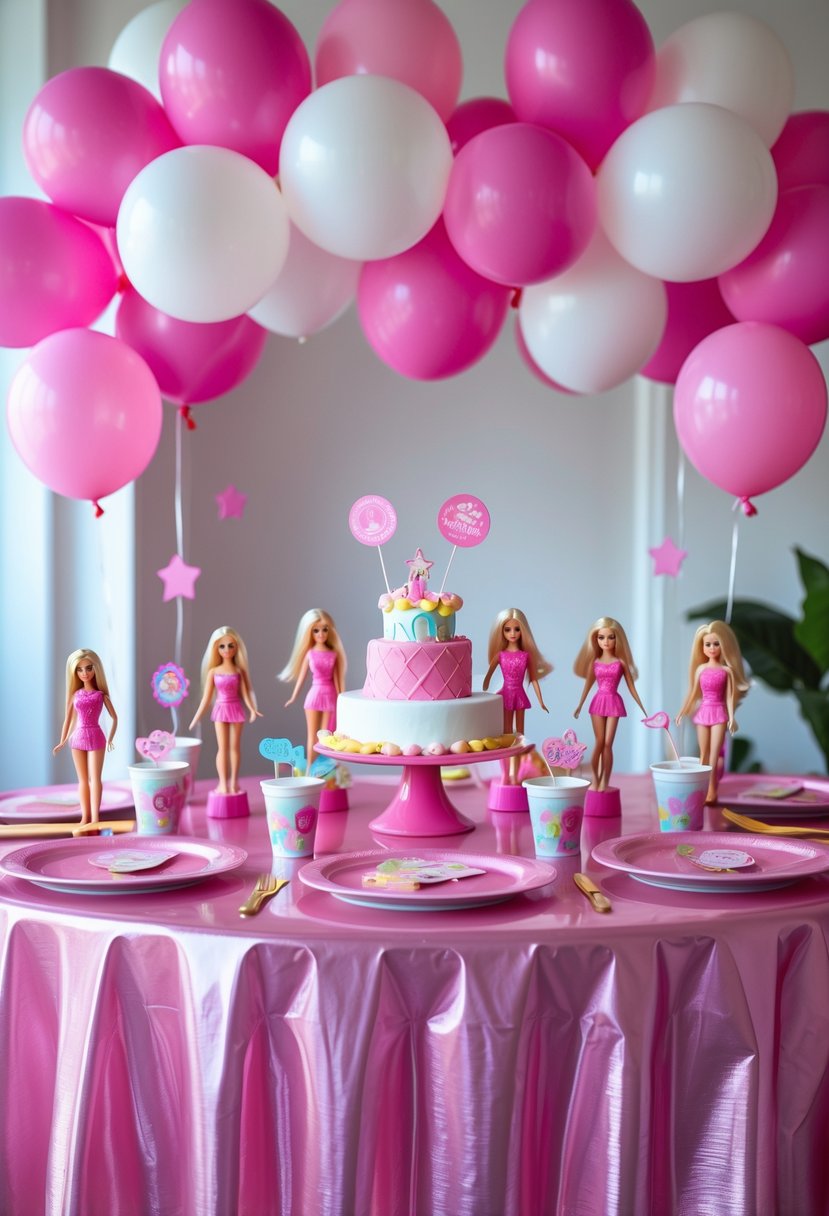 A birthday party table decorated with a glossy pink tablecloth and Barbie-themed decorations including balloons, dolls, and party supplies.