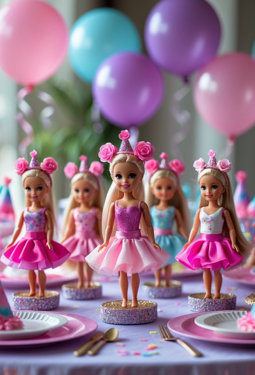A table decorated with miniature Barbie dolls as centerpieces surrounded by birthday party decorations including balloons and confetti.