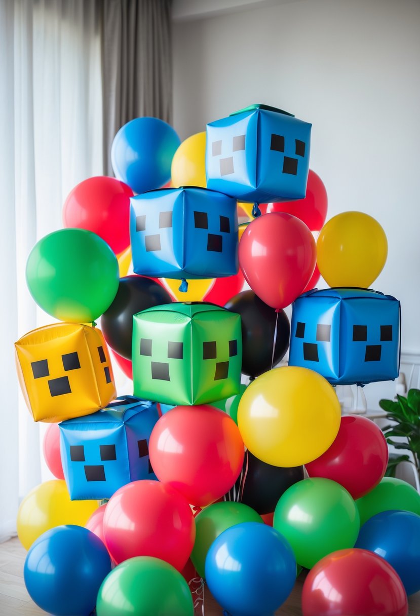 A group of colorful blocky pixelated balloons floating together at a birthday party.