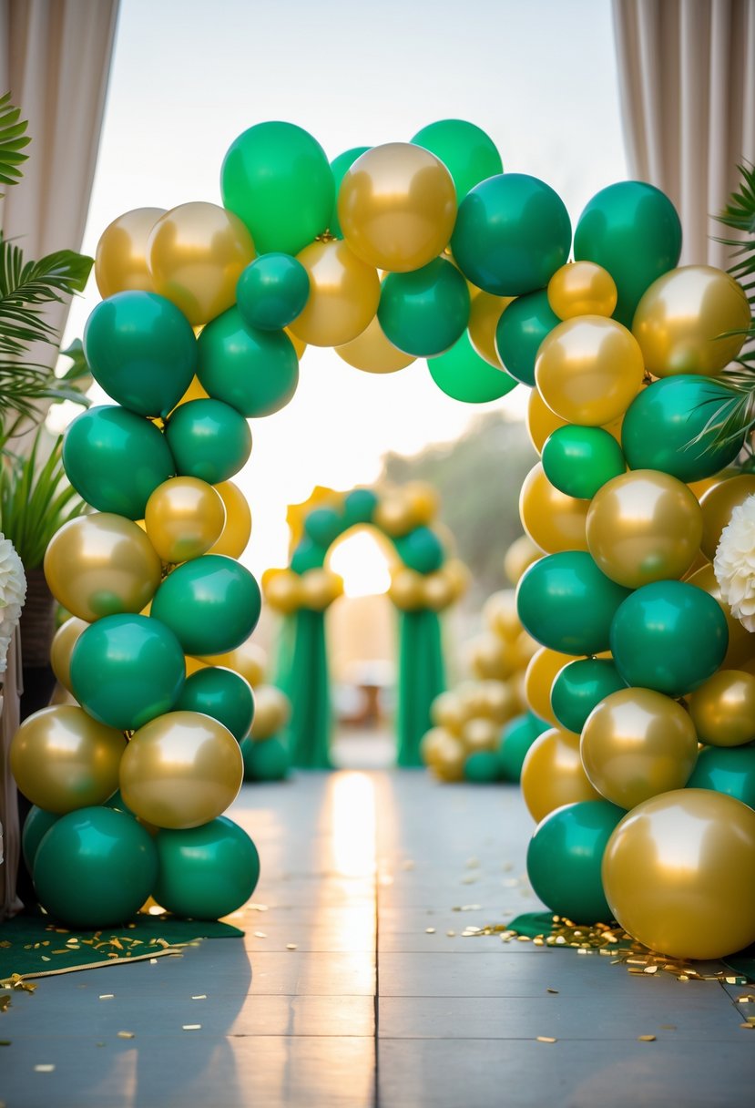 A large green and gold balloon arch decorating the entrance to a birthday party.