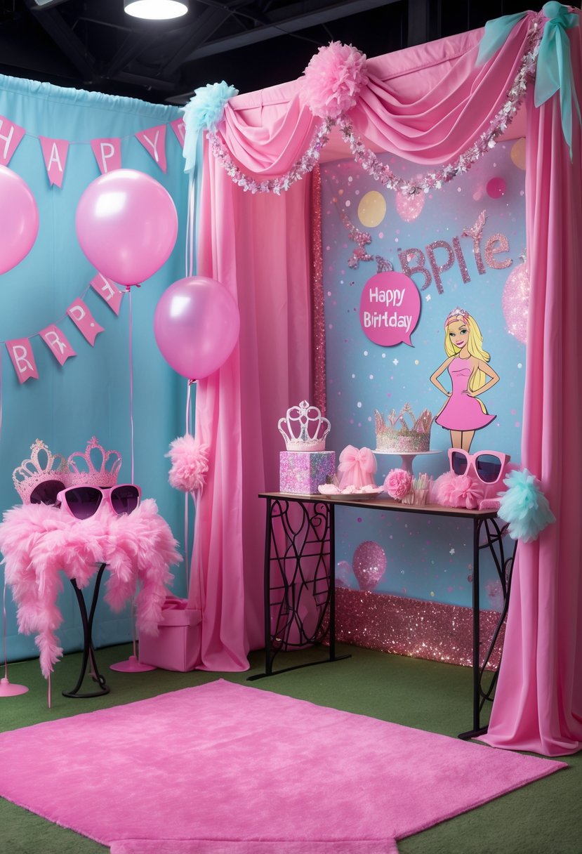 A colorful photo booth area decorated with pink and pastel colors, props like sunglasses and tiaras, balloons, and festive decorations for a birthday party.