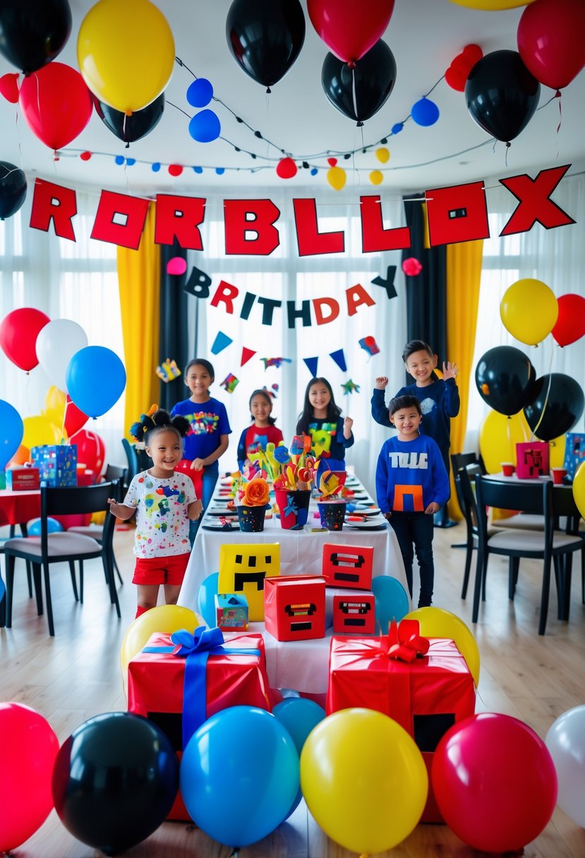 A colorful indoor birthday party decorated with Roblox-themed banners, balloons, and party supplies, with people celebrating.