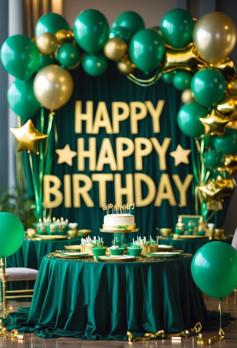 A birthday party setup with large gold decorations and green and gold balloons and streamers arranged on a table.
