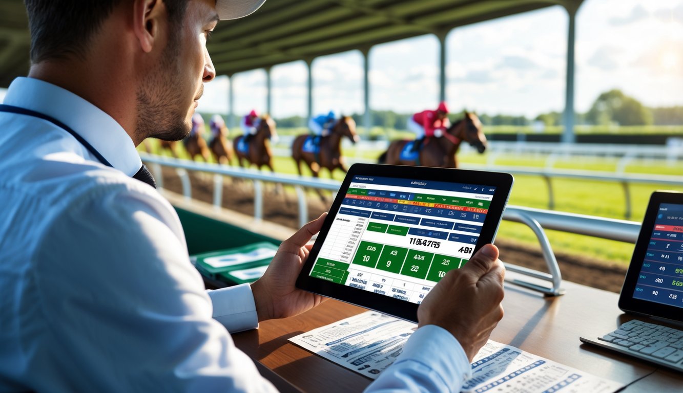 Seseorang sedang melihat data balap kuda di tablet dengan latar belakang arena balap kuda dan kuda yang sedang berlari.