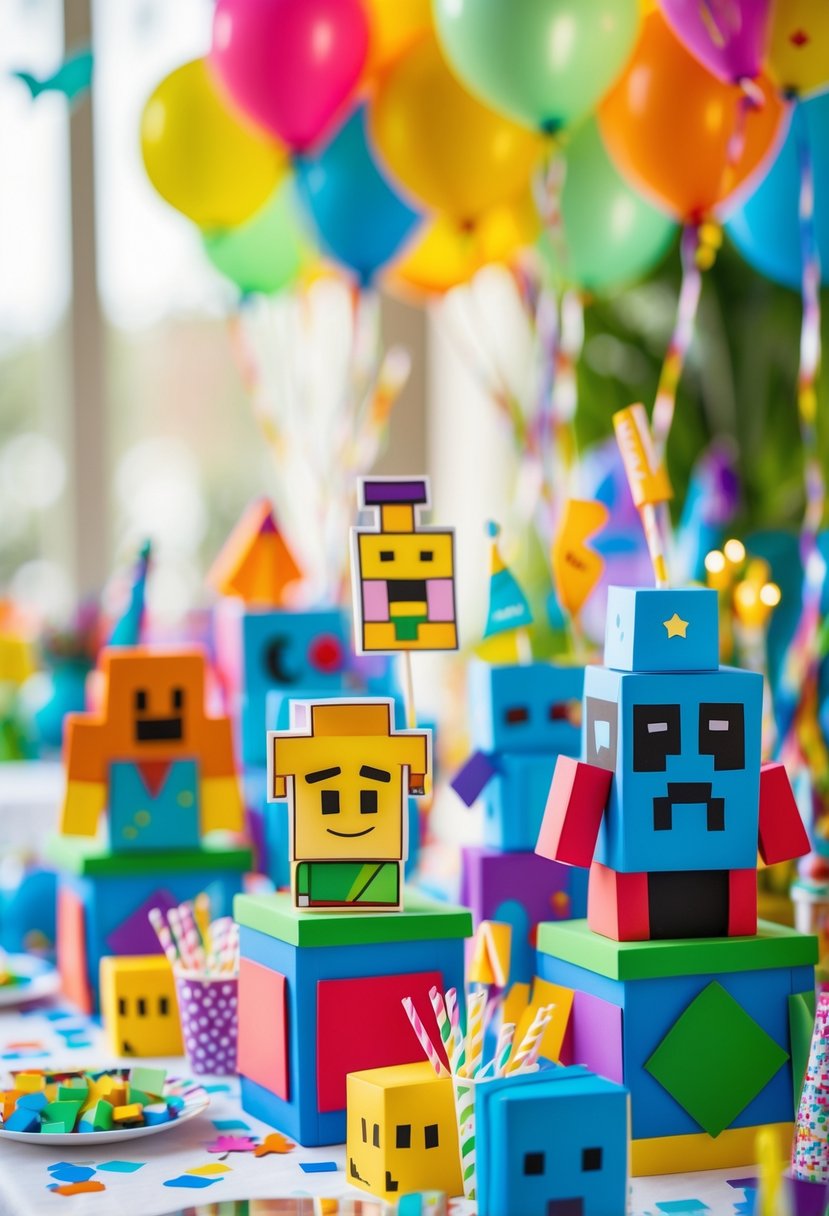 A birthday party table decorated with colorful Roblox-themed centerpieces featuring game characters and festive decorations.