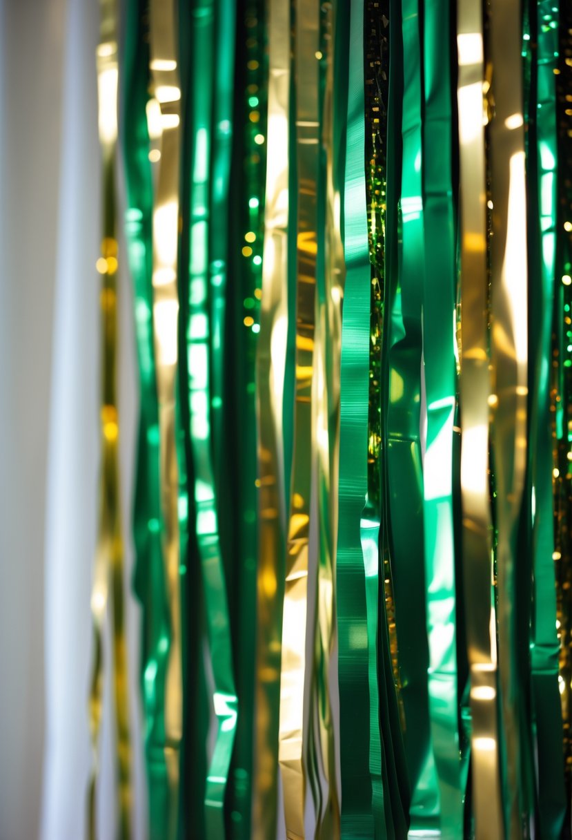 Green and gold metallic streamers hanging and shimmering against a softly lit background.