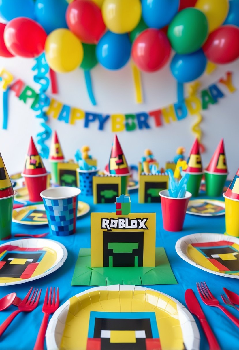 A colorful birthday party table decorated with Roblox-themed party supplies and invitation cards, surrounded by balloons and festive decorations.
