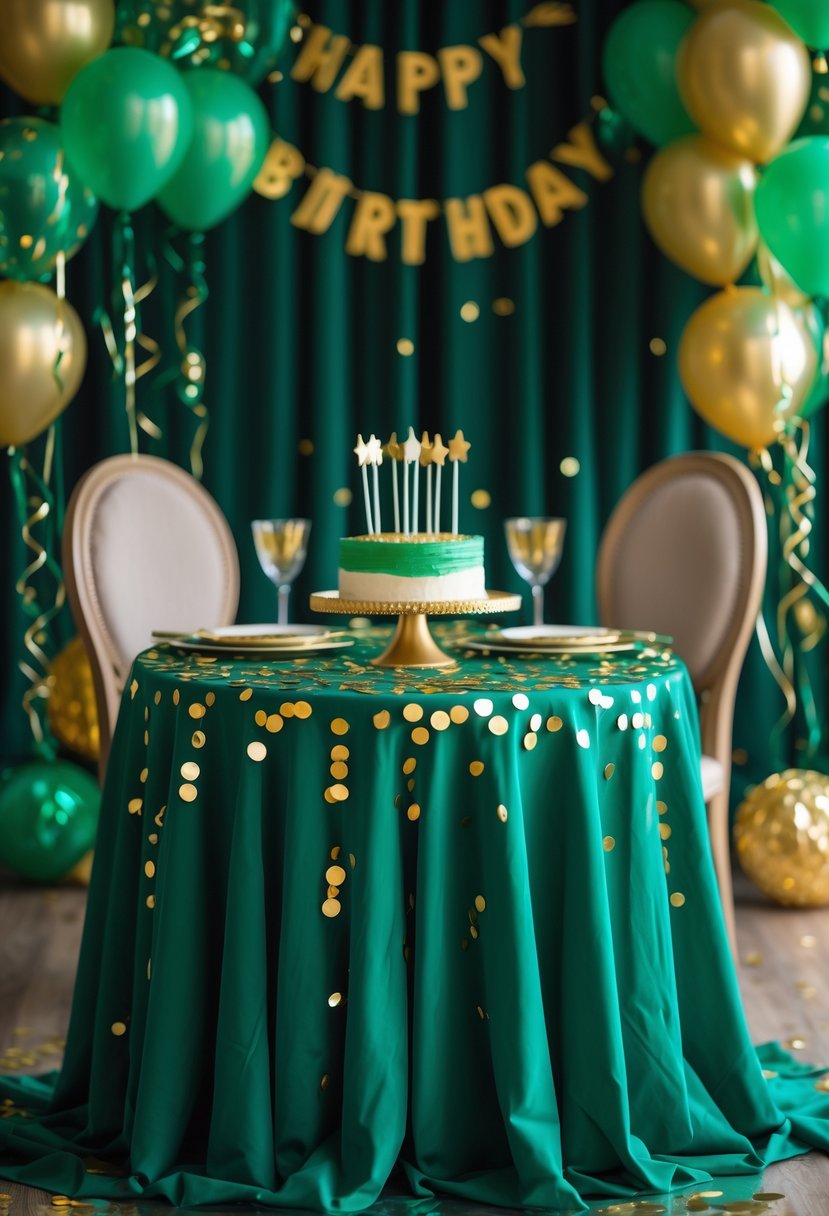 A birthday party table covered with an emerald green tablecloth and decorated with scattered gold confetti and green and gold party decorations in the background.