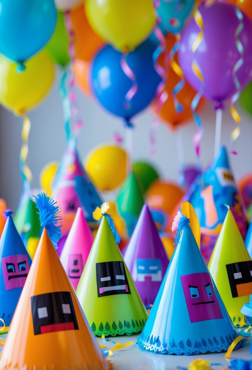 A table displaying colorful Roblox-themed party hats with balloons and streamers in the background.