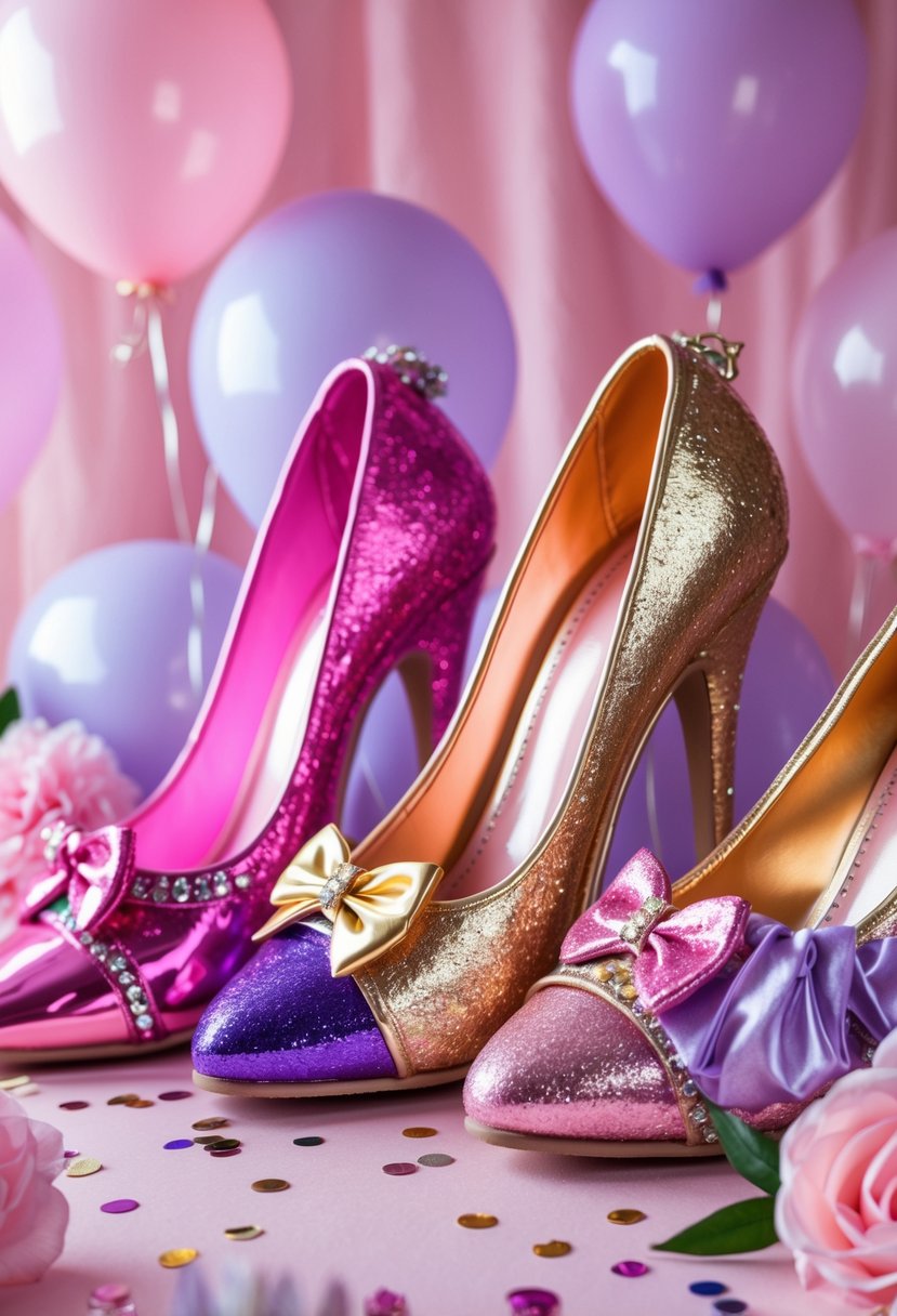 A collection of colorful Barbie-style high heel shoe props surrounded by balloons and confetti on a pink background.
