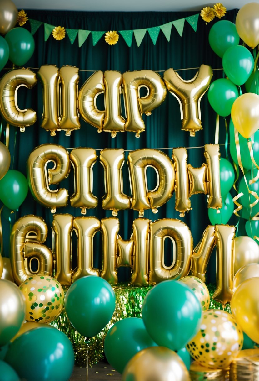 A birthday party setup with gold foil balloon letters and green and gold decorations.