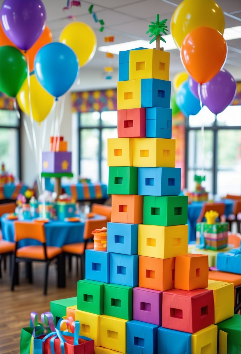 A colorful birthday party setup with multiple stacked blocks used as decorations, surrounded by balloons and party supplies on tables indoors.