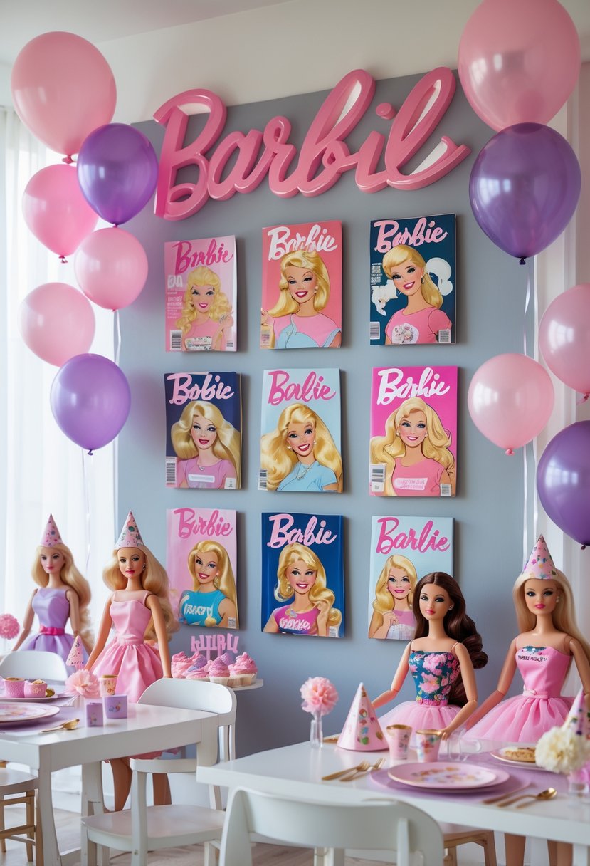 A display of vintage Barbie magazine covers surrounded by Barbie-themed birthday party decorations including balloons, dolls, and party hats.