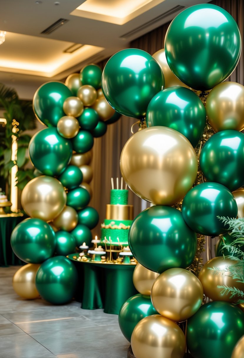 A birthday party scene with green and gold balloons arranged as decorations around a table with matching party accents.