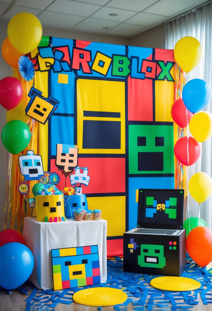 A Roblox-themed photo booth with colorful pixelated backdrop and various Roblox-inspired props arranged on a table for a child's birthday party.