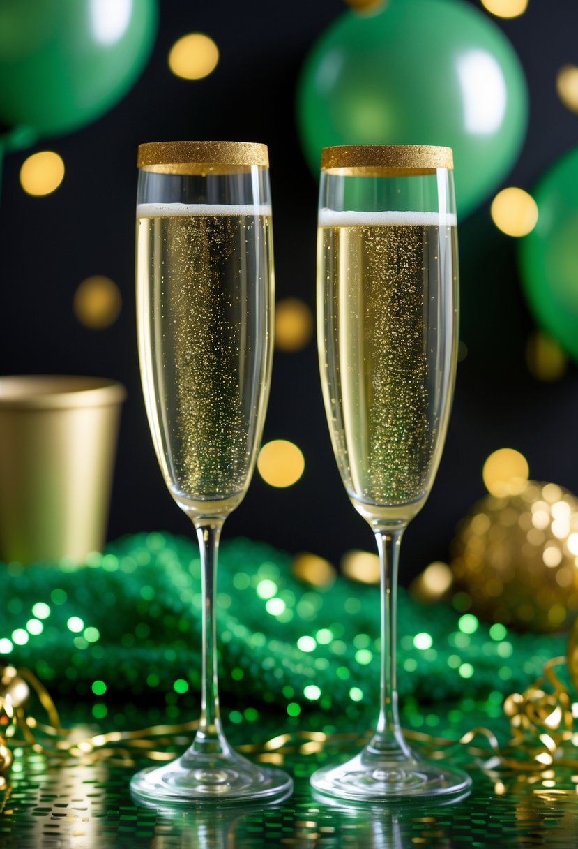 Two champagne flutes with gold glitter rims filled with champagne, surrounded by green and gold birthday decorations.