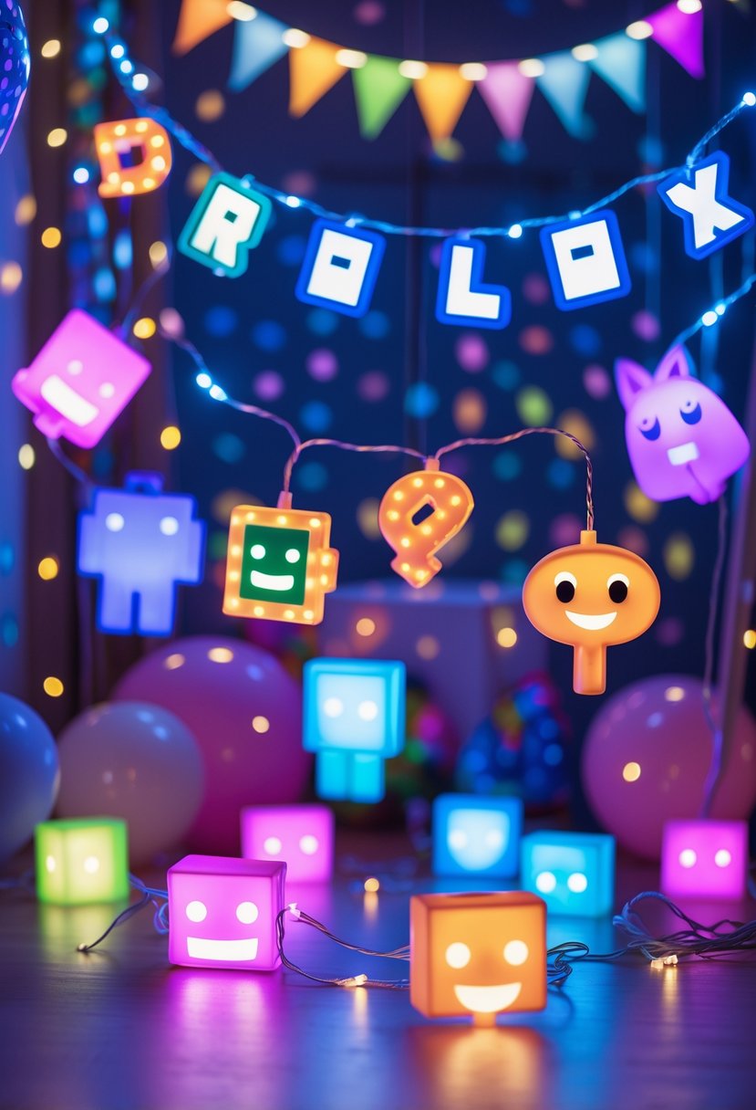 Colorful LED string lights shaped like Roblox icons glowing among birthday decorations including balloons and streamers.