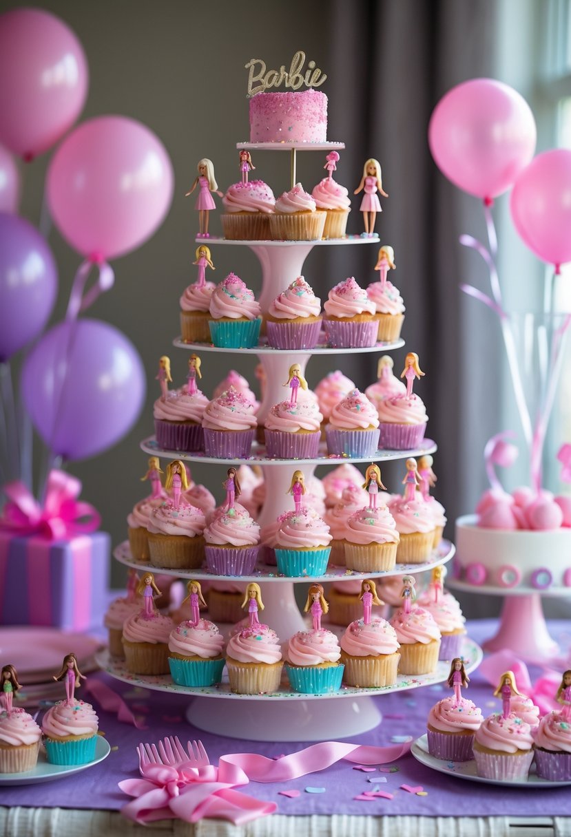 A multi-tiered cupcake stand with pink frosted cupcakes and Barbie doll toppers surrounded by birthday party decorations.