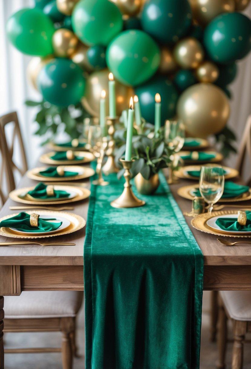 A birthday party table decorated with a green velvet table runner, gold accents, balloons, and candles.