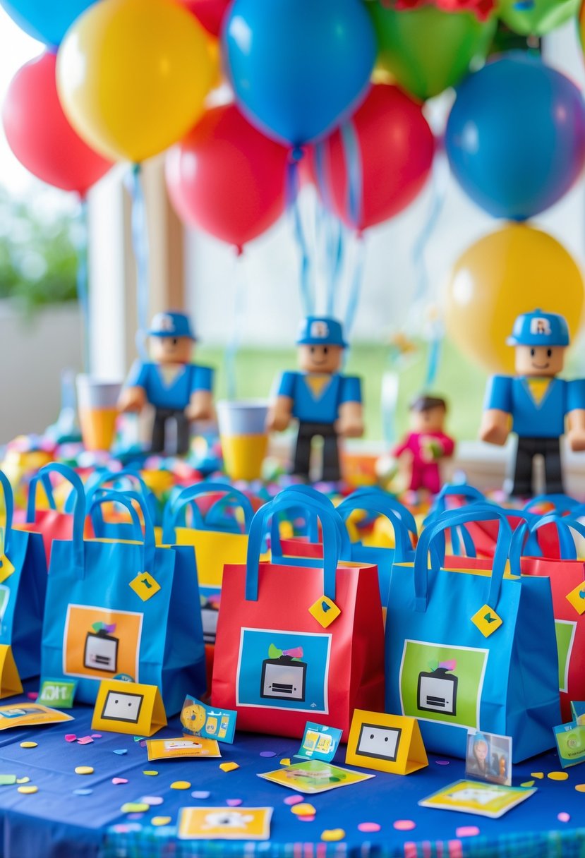 A colorful birthday party table with Roblox-themed party favor boxes and decorations, including balloons and figurines.