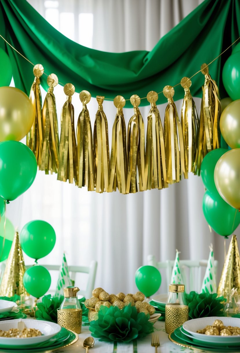 A birthday party setup with a gold tassel garland and green and gold decorations on a table.