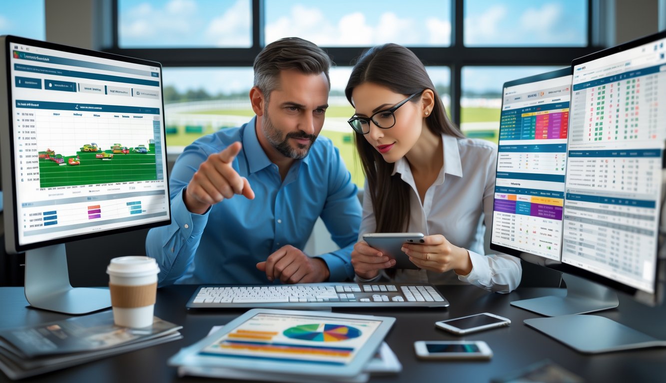 Seorang pria dan wanita sedang menganalisis data balap kuda di depan beberapa layar komputer di sebuah kantor modern.