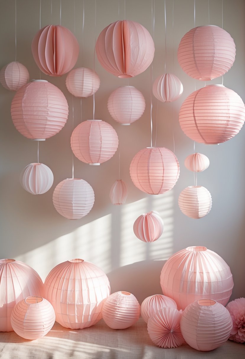 Blush pink paper lanterns hanging as birthday party decorations against a soft background.