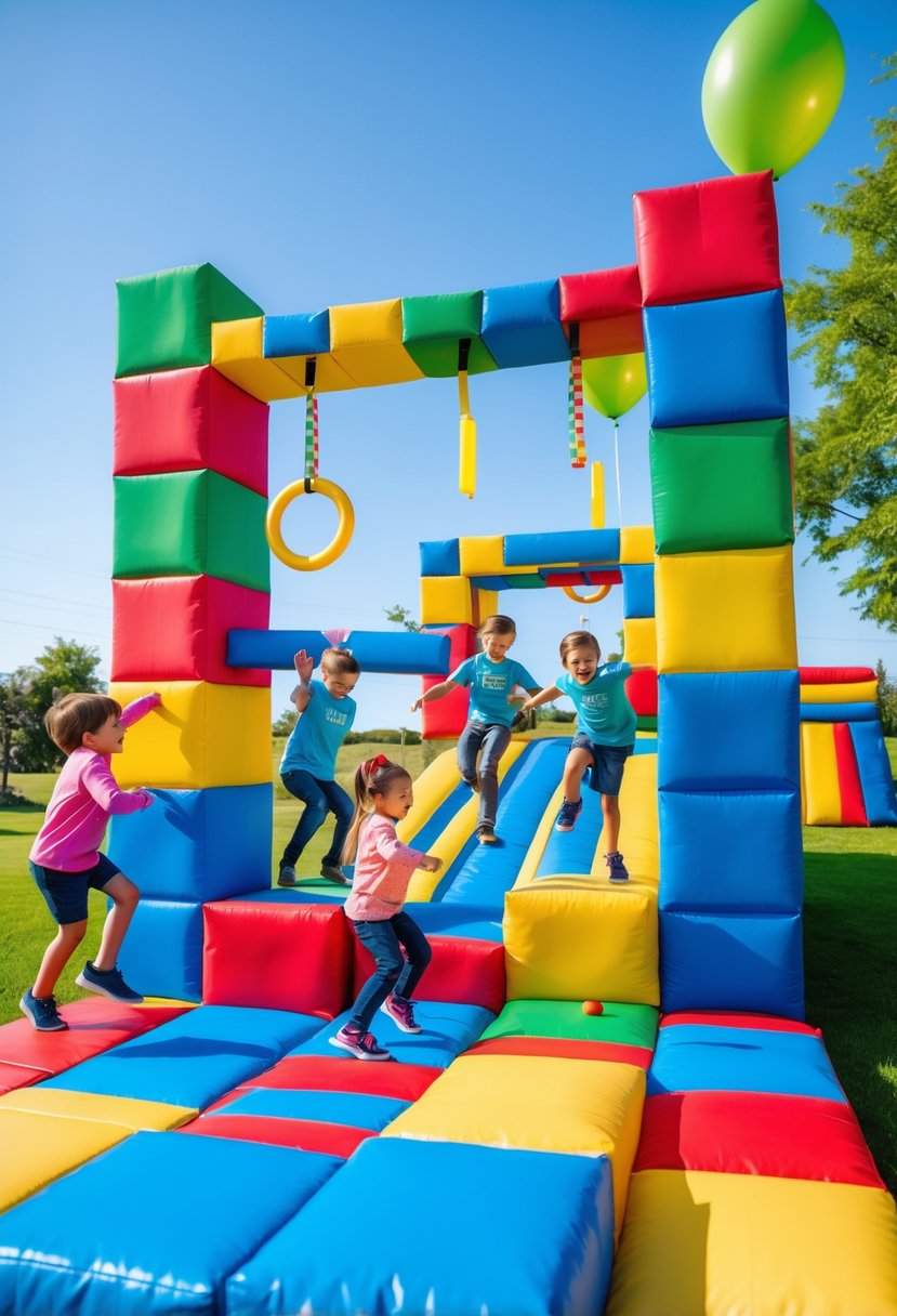 Children playing on a colorful outdoor obstacle course with blocky structures inspired by Roblox, surrounded by birthday party decorations.