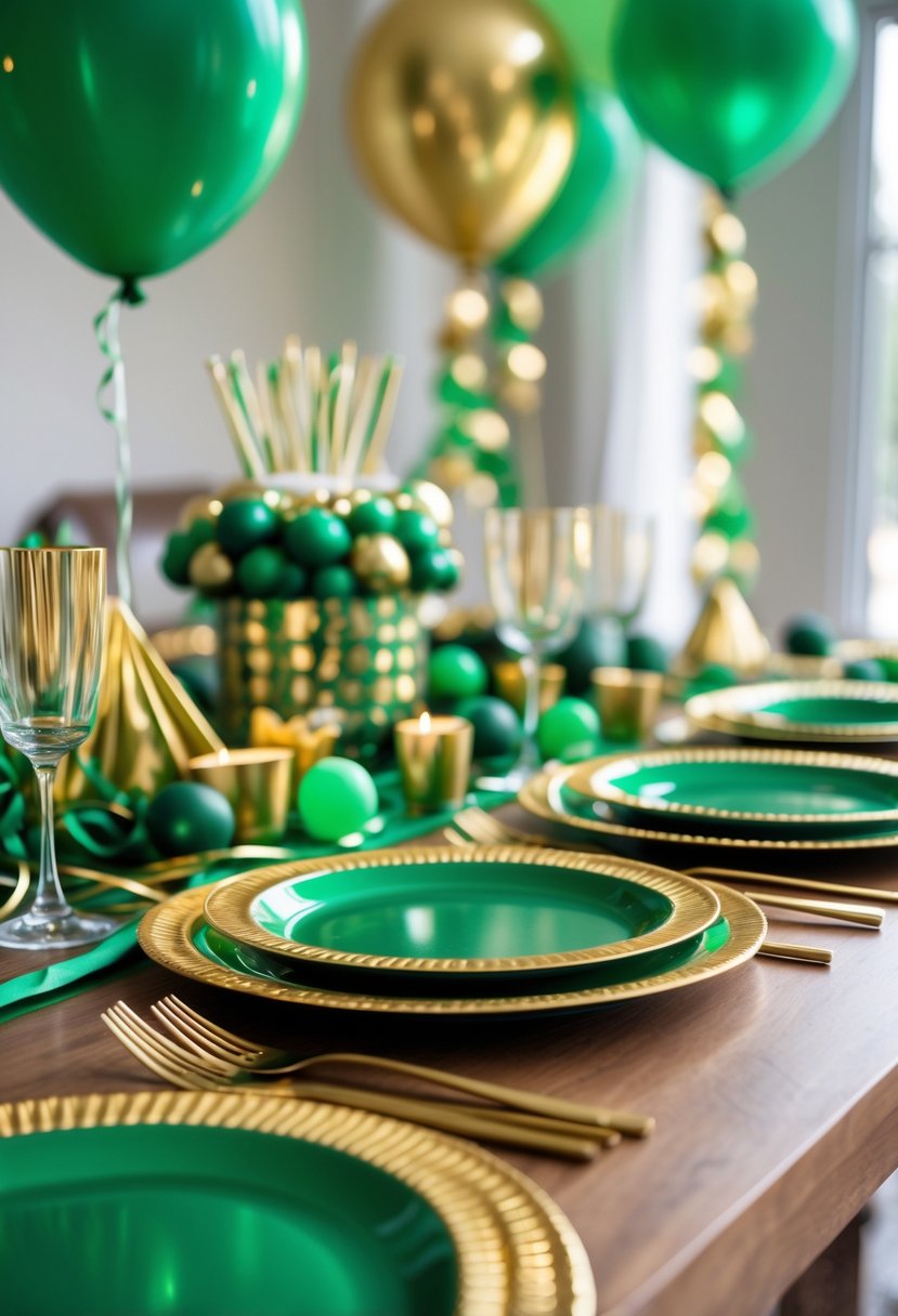 A table set with green dinner plates that have gold rims, decorated for a birthday party with green and gold decorations in the background.