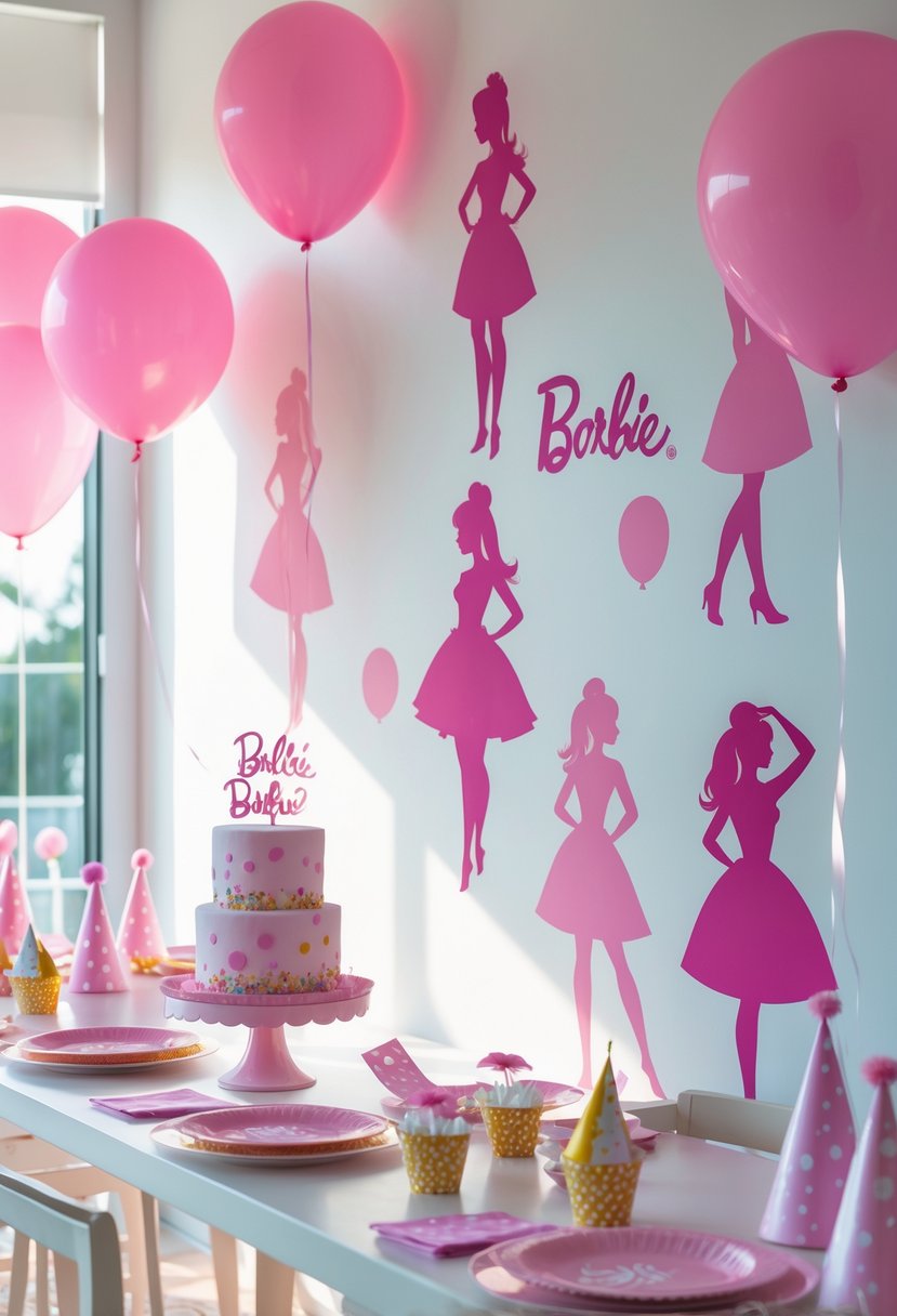 A birthday party setup with Barbie silhouette wall decals, balloons, a decorated cake, and themed tableware in pink and white colors.