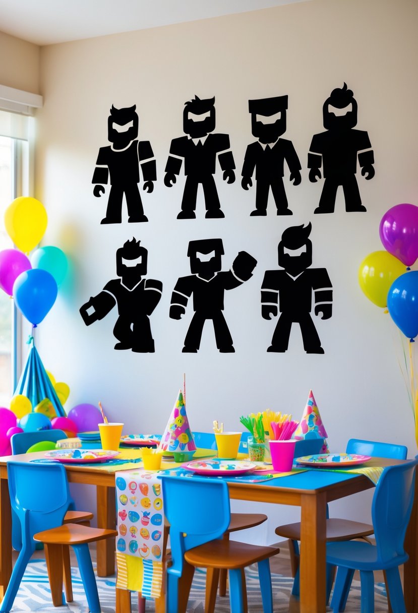A colorful birthday party room decorated with Roblox character silhouette wall decals and themed party supplies.