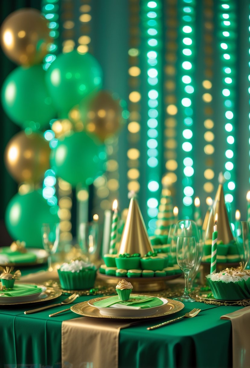 A birthday party scene with green LED string lights and green and gold decorations including balloons and table settings.
