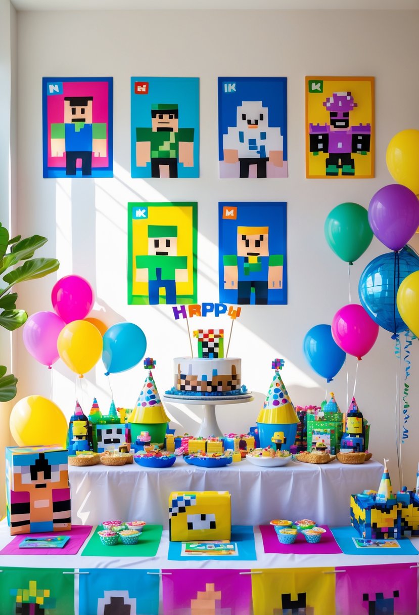 A brightly decorated birthday party room with pixel art posters and themed party decorations on a table.