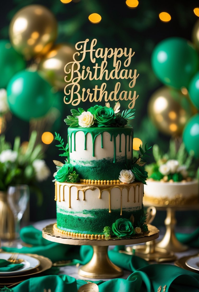 A birthday cake with a green and gold cake topper surrounded by matching party decorations on a table.