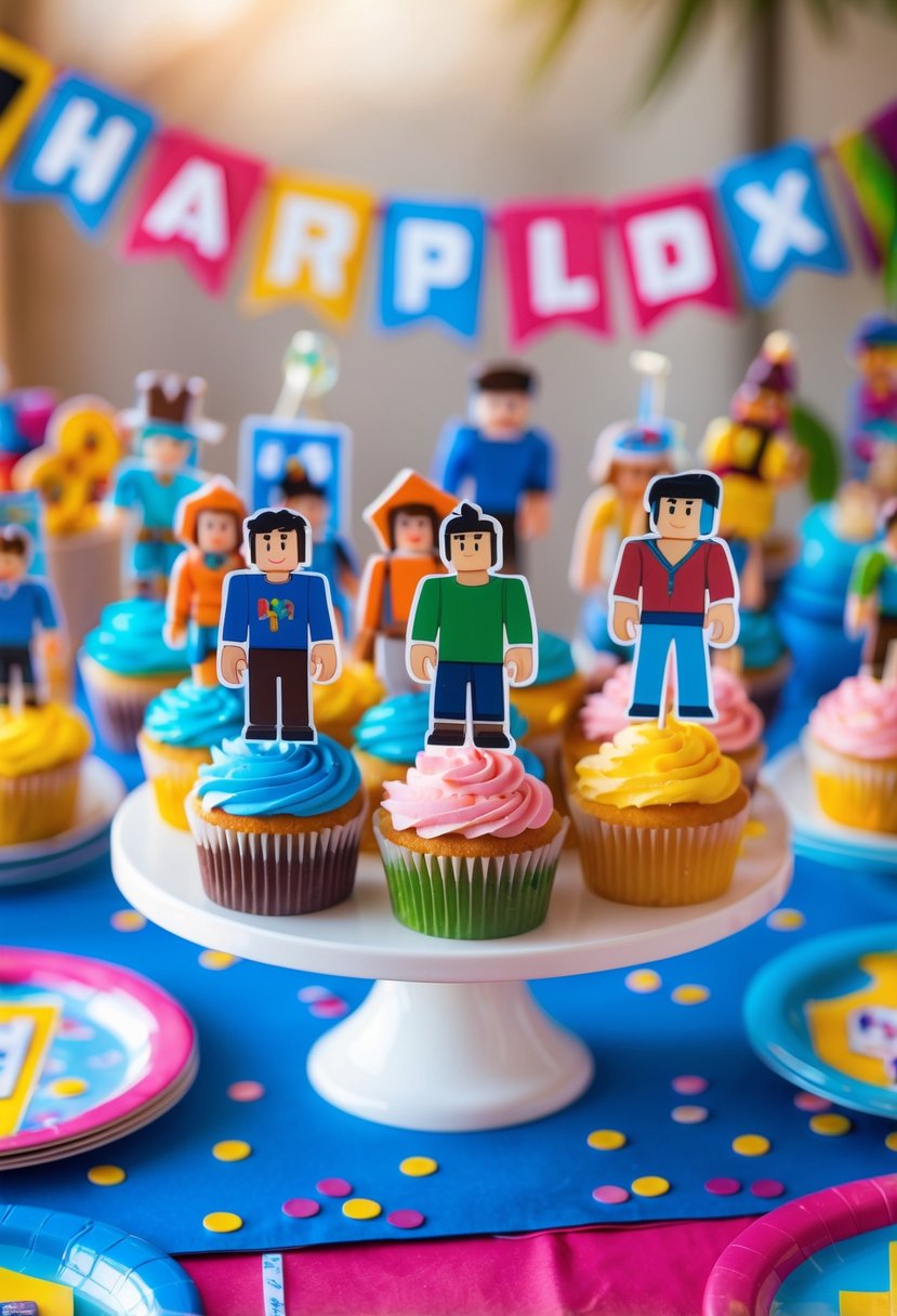 A birthday party table with cupcakes decorated with Roblox-themed toppers and colorful party decorations.