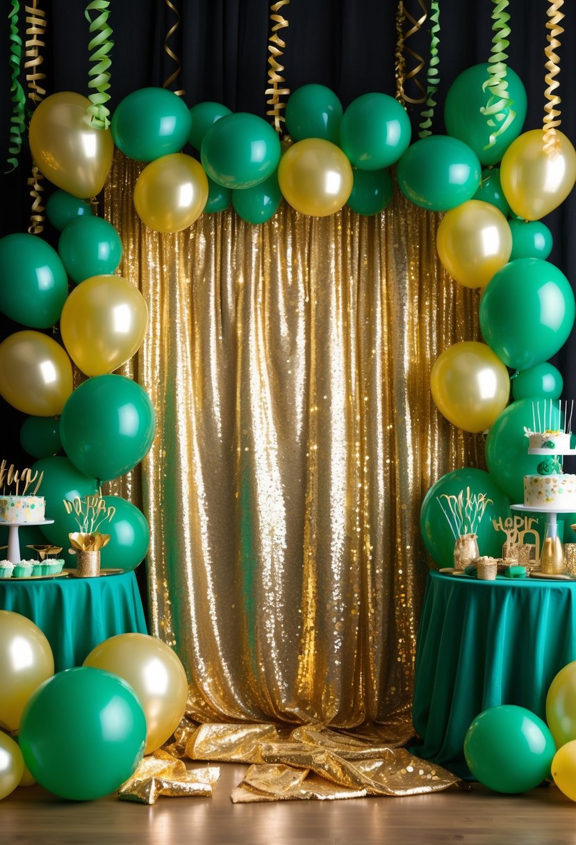 A birthday party setup with a gold sequin backdrop and green and gold decorations including balloons and table centerpieces.