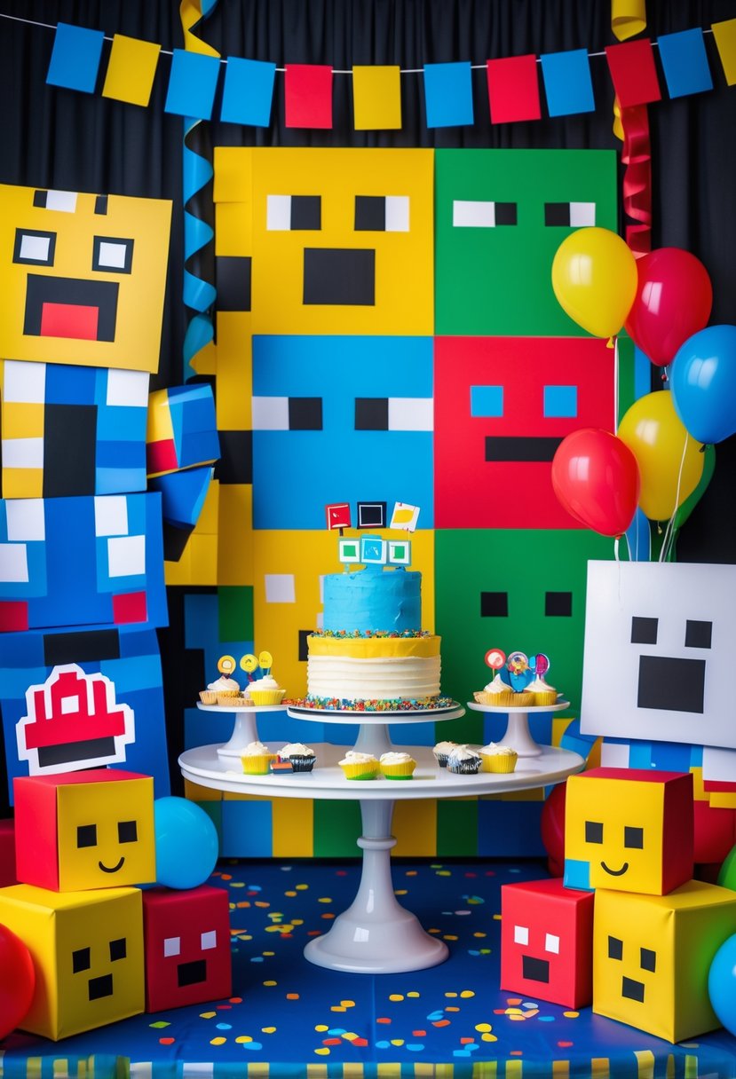 A decorated cake table with Roblox-themed backdrop featuring colorful character cutouts, a birthday cake, cupcakes, balloons, and party decorations.