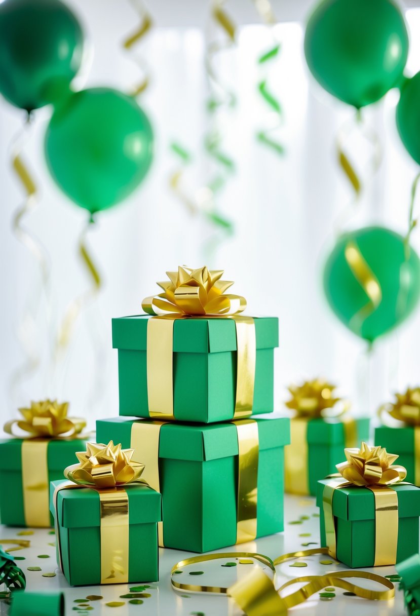 A collection of green and gold birthday party favor boxes arranged on a table with matching decorations in the background.
