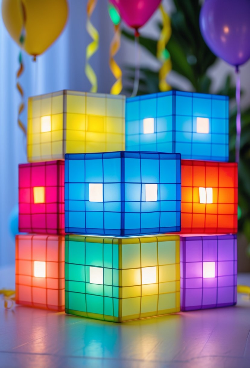 Colorful illuminated cube lanterns arranged together, resembling Roblox blocks at a birthday party.