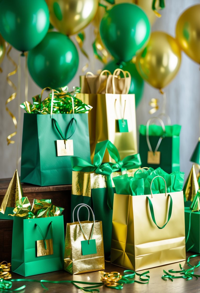 A display of green and gold gift bags with birthday party decorations on a wooden table.