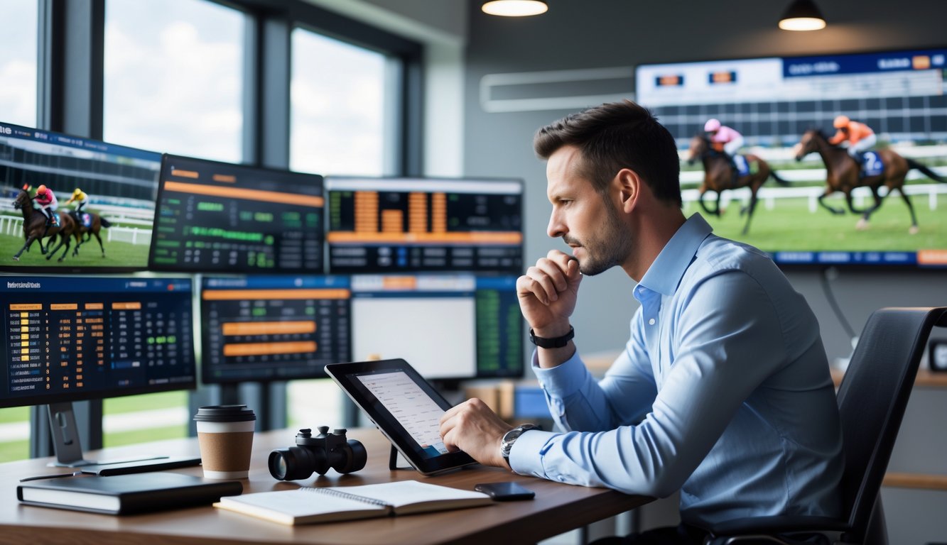Seorang pria fokus menganalisis data balap kuda di tablet dengan layar komputer yang menampilkan statistik dan video balapan di latar belakang.