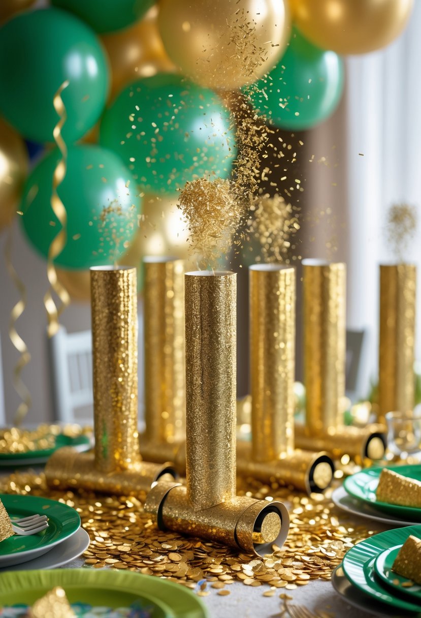 Gold confetti poppers releasing confetti at a green and gold decorated birthday party table.