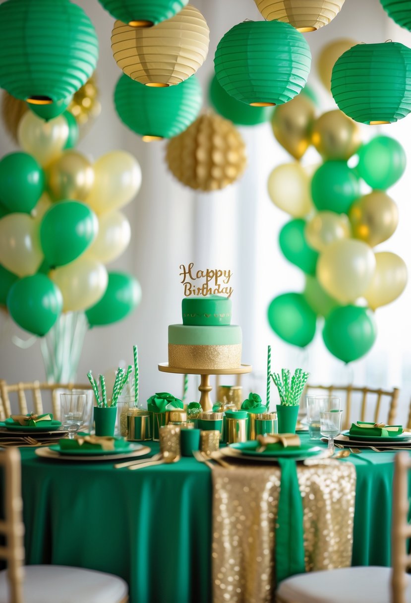 Green and gold paper lanterns and birthday party decorations arranged for a celebration.