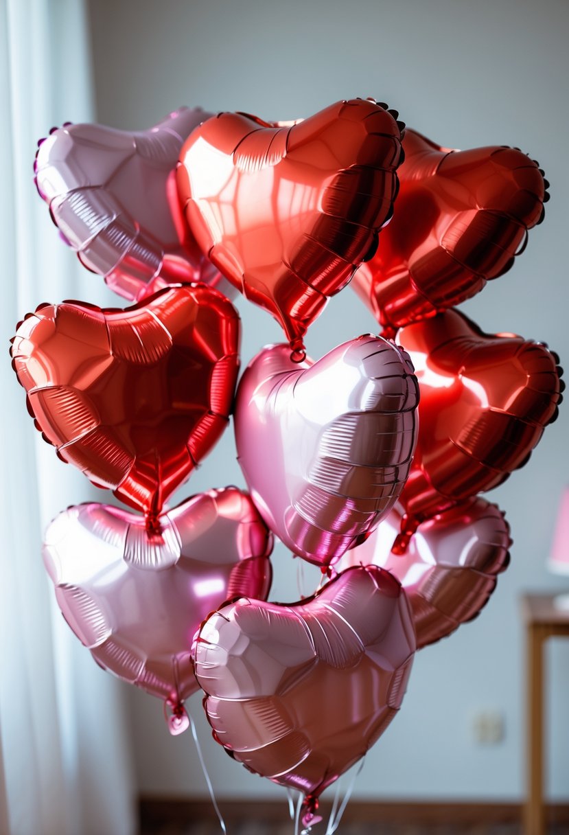 A cluster of red and pink heart-shaped Mylar balloons floating indoors at a birthday party.