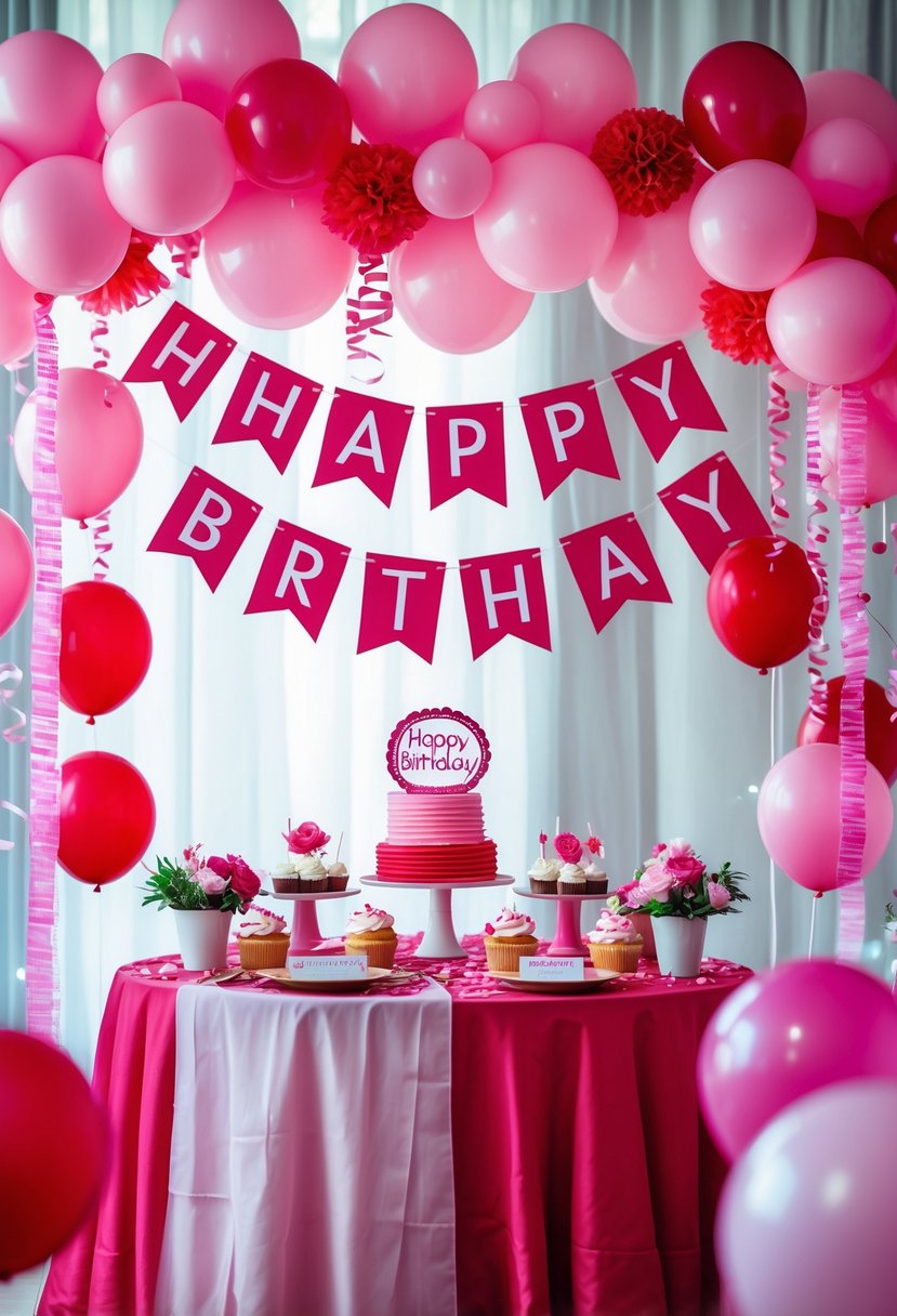 A birthday party setup with pink and red decorations, including balloons, streamers, and a festive banner above a decorated table.