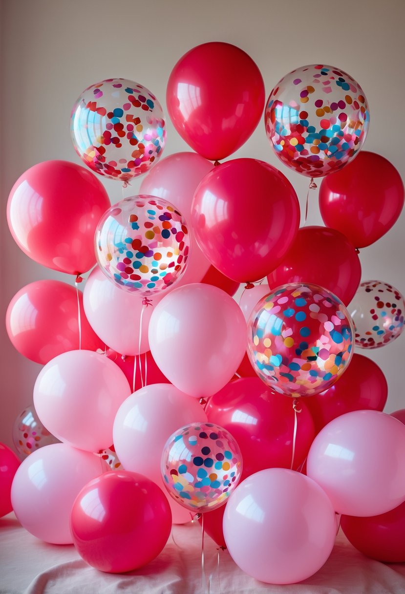 A cluster of pink and red confetti-filled balloons floating together in a bright, festive setting.