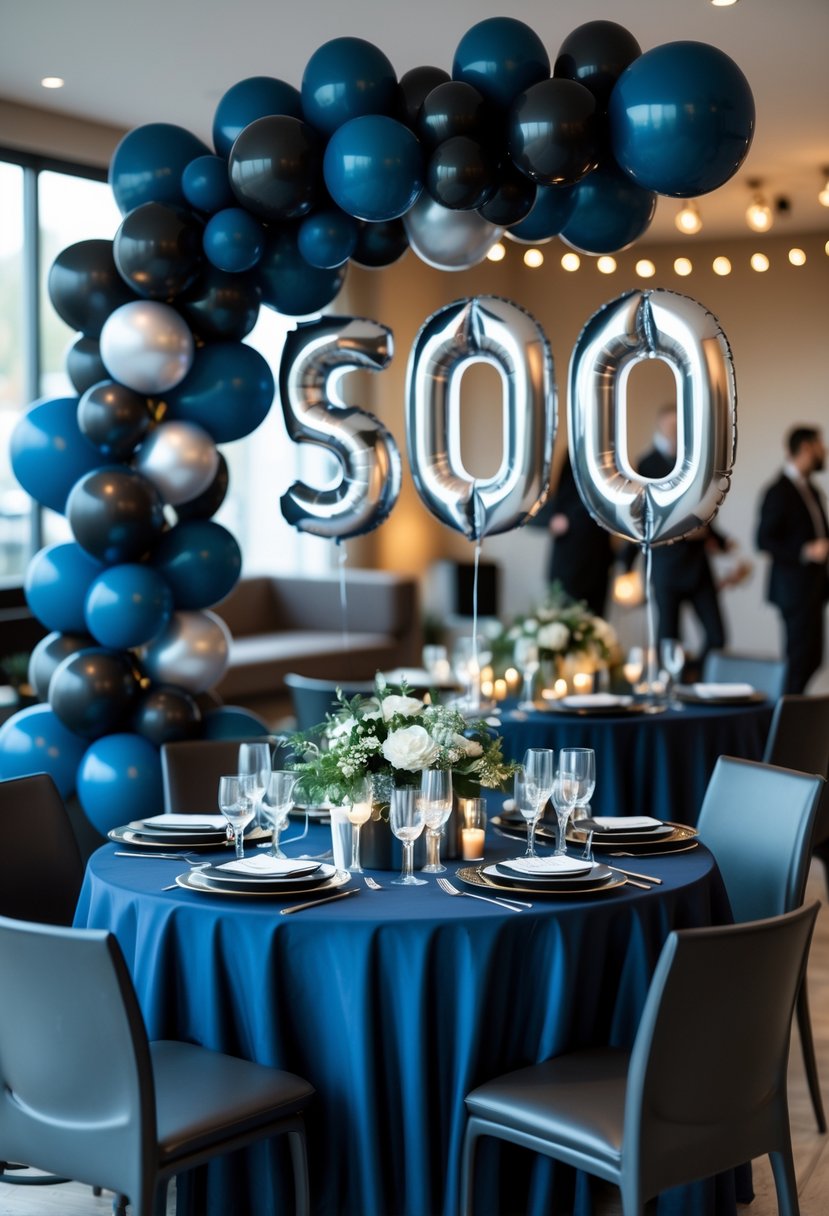 A decorated indoor party scene with balloons, tableware, and guests celebrating a 50th birthday for men.