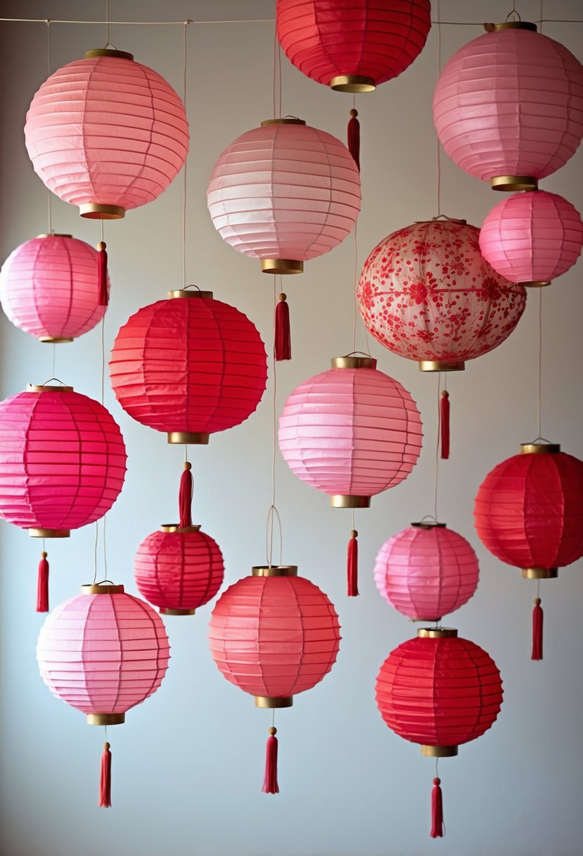 An arrangement of pink and red paper lanterns hanging against a plain background.